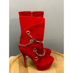 Alba Boots Women 8.5 Red Faux Suede Gold Chain Platform Stiletto Mid Calf Sexy